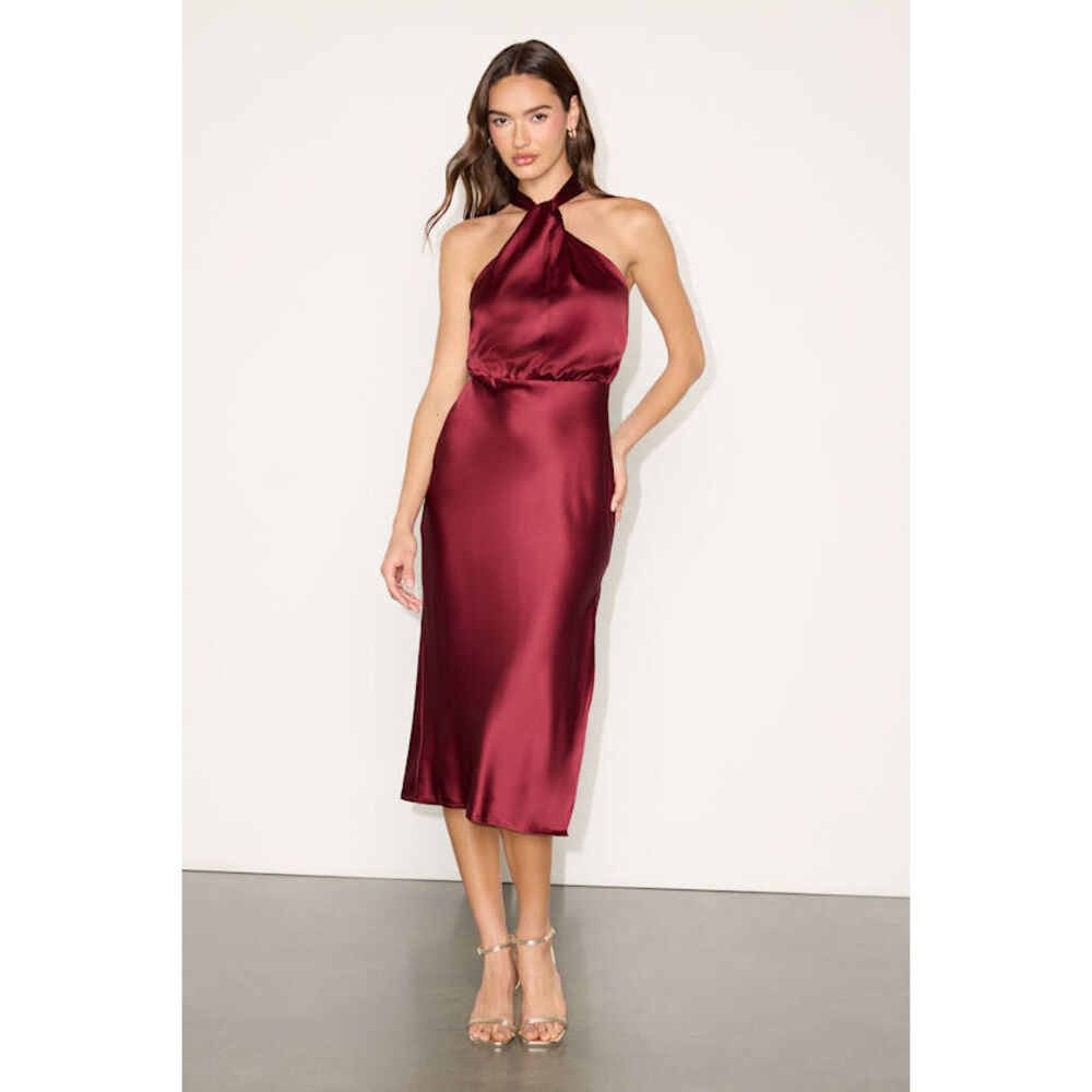 Lulus Jacey Burgundy Satin Halter Midi Dress - Size M